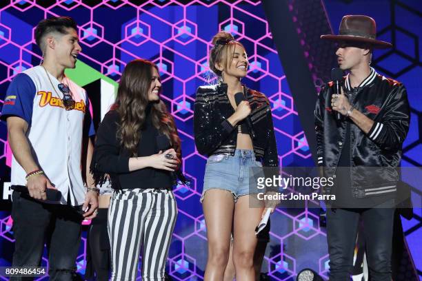 Chino, Joy, Leslie Grace and Jesse rehearse on stage during Univision's "Premios Juventud" 2017 Celebrates The Hottest Musical Artists And Young...