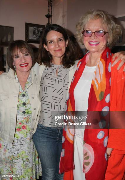 Patti LuPone, Tina Fey and Christine Ebersole pose backstage at the musical "War Paint" on Broadway at The Nederlander Theatre on July 5, 2017 in New...