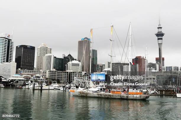 Sir Peter Blake's expedition skooner Tara leaves the Viaduct Basin ahead of Team New Zeland during the Team New Zealand Americas Cup Welcome Home...