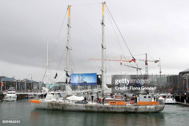 Sir Peter Blake's expedition skooner Tara leaves the Viaduct Basin ahead of Team New Zeland during the Team New Zealand Americas Cup Welcome Home...