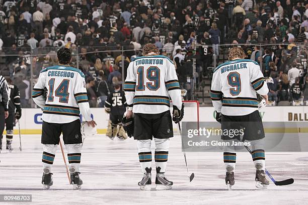 Jonathan Cheechoo,Joe Thornton and Milan Michalek of the San Jose Sharks get set to face off against the Dallas Stars during game four of the 2008...