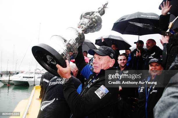 Grant Dalton, CEO of Emirates Team New Zealand showcases the America's Cup trophy to the supporters during the Team New Zealand Americas Cup Welcome...