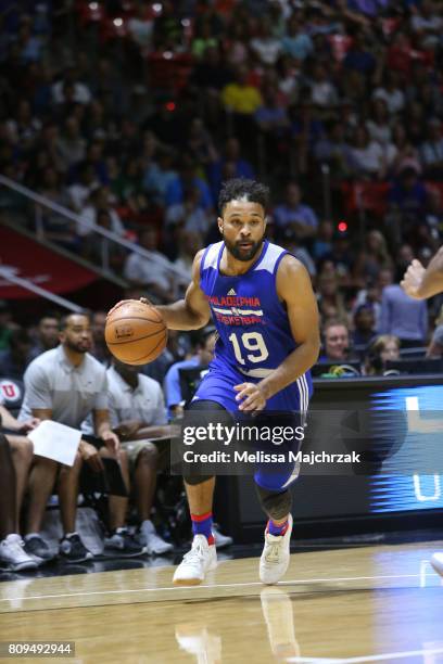 James Blackmon Jr. #19 of the Philadelphia 76ers brings the ball up court against the Utah Jazz on July 5, 2017 during the 2017 NBA Utah Summer...