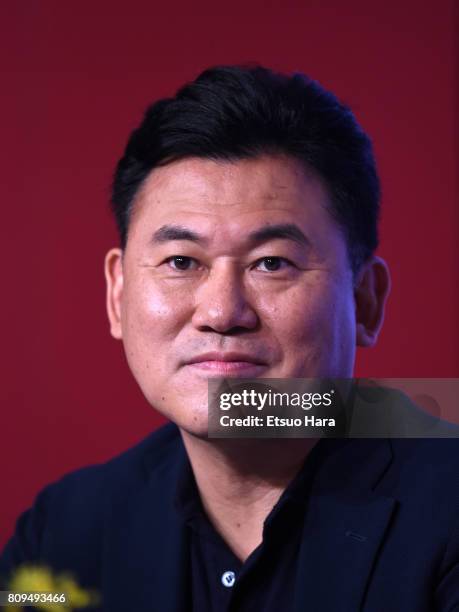 Rakuten CEO Hiroshi Mikitani speaks during a press conference on July 6, 2017 in Kobe, Hyogo, Japan.