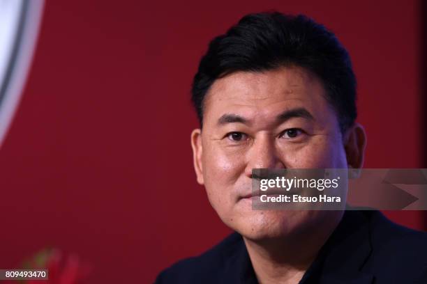 Rakuten CEO Hiroshi Mikitani speaks during a press conference on July 6, 2017 in Kobe, Hyogo, Japan.