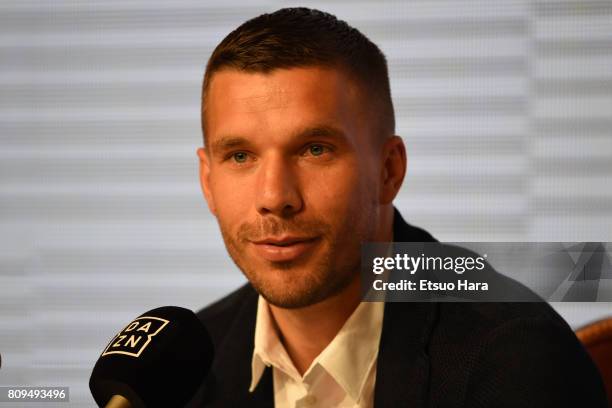 Vissel Kobe new player Lukas Podolski speaks during a press conference on July 6, 2017 in Kobe, Hyogo, Japan.