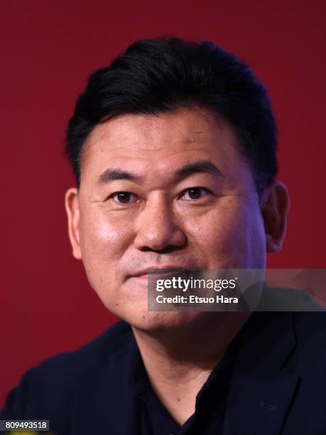 Rakuten CEO Hiroshi Mikitani speaks during a press conference on July 6, 2017 in Kobe, Hyogo, Japan.