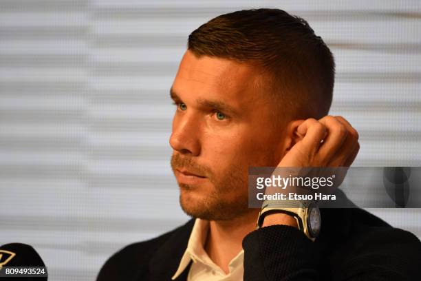 Vissel Kobe new player Lukas Podolski speaks during a press conference on July 6, 2017 in Kobe, Hyogo, Japan.