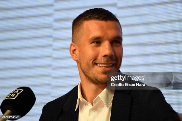 Vissel Kobe new player Lukas Podolski speaks during a press conference on July 6, 2017 in Kobe, Hyogo, Japan.