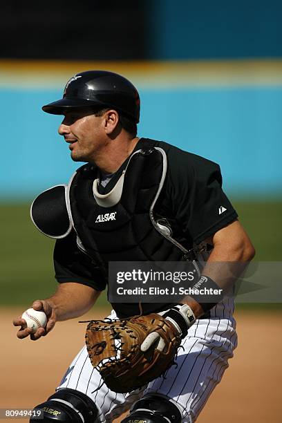 Catcher Matt Treanor of the Florida Marlins during batting practice prior to the start of the game against the Los Angeles Dodgers on April 30, 2008...