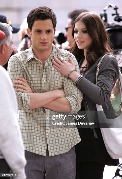 Actor Penn Badgley and actress Michelle Trachtenberg film on the set of "Gossip Girl" on April 30, 2008 in New York City.