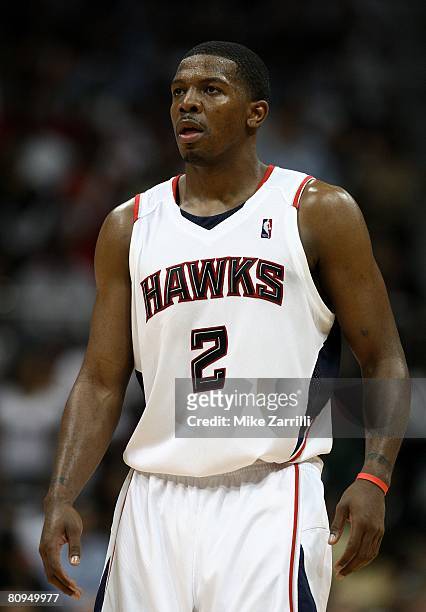 Guard Joe Johnson of the Atlanta Hawks takes a breather in Game Four of the Eastern Conference Quarterfinals against the Boston Celtics during the...