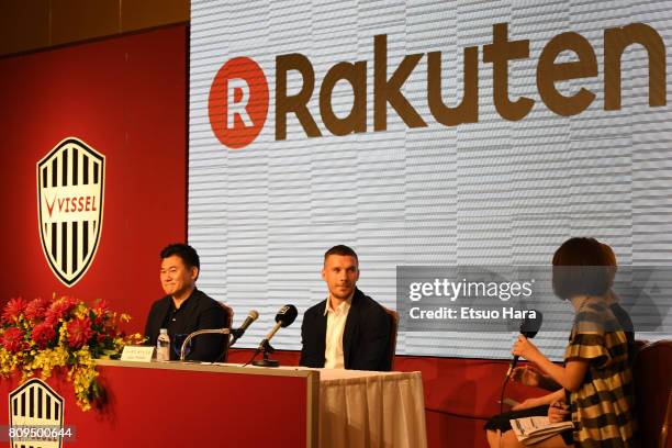 Vissel Kobe new player Lukas Podolski and Rakuten CEO Hiroshi Mikitani attend a press conference on July 6, 2017 in Kobe, Hyogo, Japan.