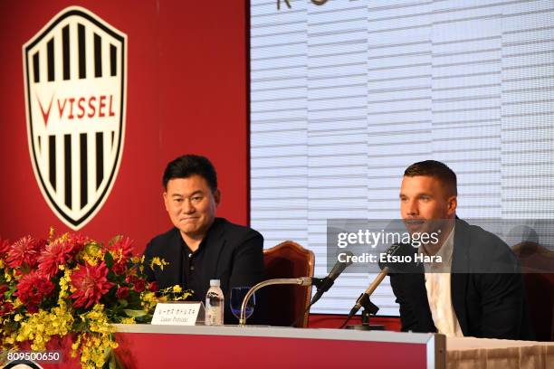 Vissel Kobe new player Lukas Podolski and Rakuten CEO Hiroshi Mikitani attend a press conference on July 6, 2017 in Kobe, Hyogo, Japan.