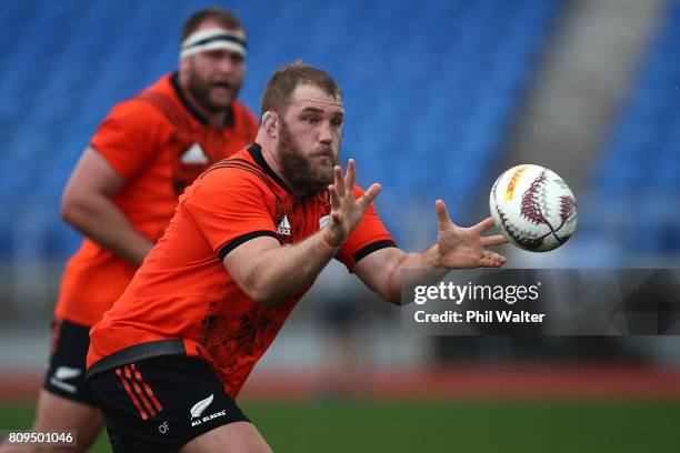 Owen Franks of the All Blacks during a New Zealand All Blacks training session at Trusts Stadium on July 6, 2017 in Auckland, New Zealand.