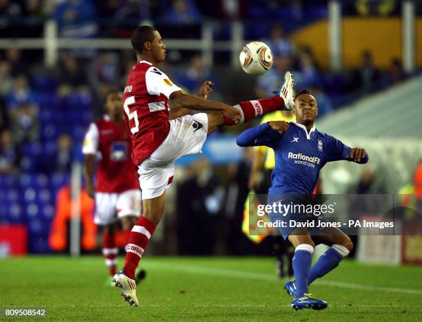 Braga's Baiano controls as Birmingham City's Nathan Redmond challenges during the UEFA Europa League, Group H match at St Andrews, Birmingham.