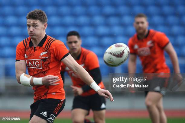 Beauden Barrett of the All Blacks during a New Zealand All Blacks training session at Trusts Stadium on July 6, 2017 in Auckland, New Zealand.