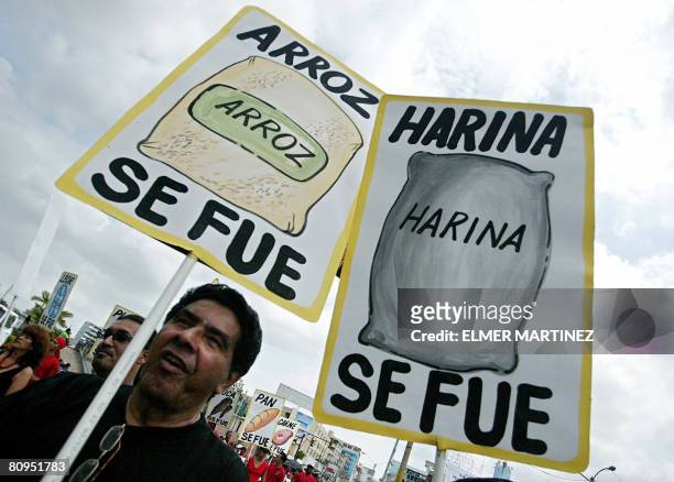 Workers carry posters against the surging food prices during a May Day march in Panama City on May 1, 2008. AFP PHOTO/Elmer MARTINEZ