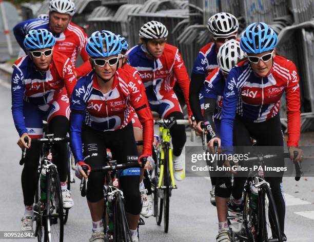 The Great Britain Women's Team, led by Lizzie Armitstead and Emma Pooley, train on the course for the World Championship Road Race during Day Four of...