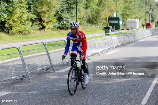Great Britain's Mark Cavendish, one of the favourites for the World Road Race Championships out training on the course near Copenhagen during Day...