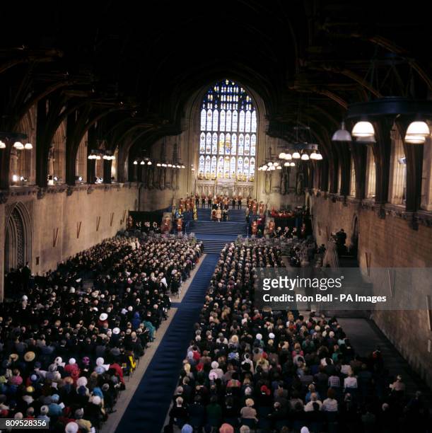 The scene inside Westminster Hall where Queen Elizabeth II received loyal addresses from both Houses of Parliament on the occasion of her Silver...