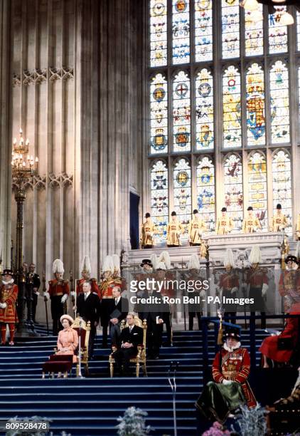The Duke of Edinburgh seated alongside Queen Elizabeth II as she receives loyal addresses from both Houses of Parliament in Westminster Hall, London,...