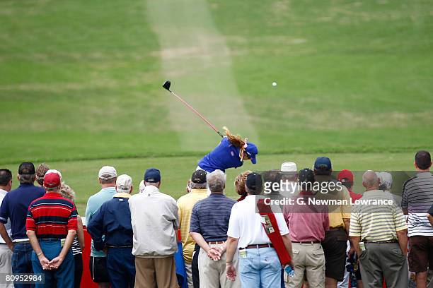 Paula Creamer tees off on the 12th hole during the first round of the SemGroup Championship presented by John Q. Hammons on May 1, 2008 at Cedar...