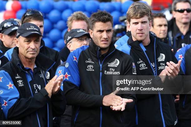 Kevin Shoebridge , foil trimmer Blair Tuke and helmsman Peter Burling are pictured as Emirates Team New Zealand returns home to parade the America's...