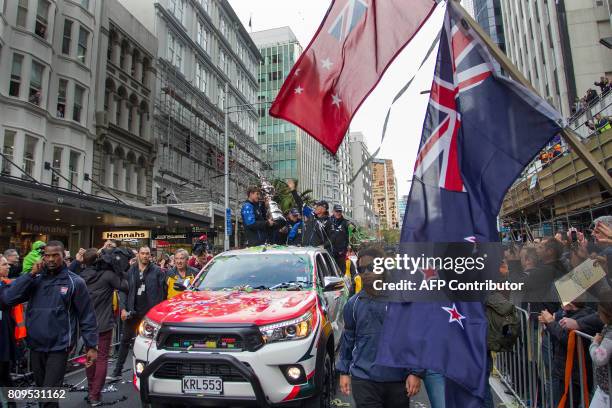 Emirates Team New Zealand parades the America's Cup through the streets of Auckland on July 6, 2017. Team New Zealand celebrated America's Cup...