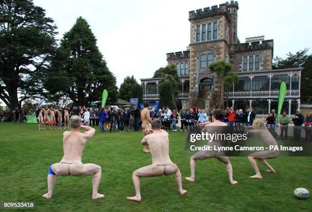 The New Zealand Nude Blacks prepare for their naked rugby match against the Romanian Vampires at Larnach Castle, near Dunedin, New Zealand.Picture...