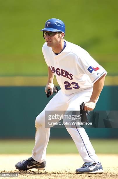 Ben Broussard of the Texas Rangers leads off first base during the game against the Baltimore Orioles at Rangers Ballpark in Arlington in Arlington,...