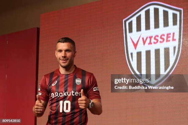 Vissel Kobe new player Lukas Podolski poses a picture during a press conference on July 6, 2017 in Kobe, Hyogo, Japan.