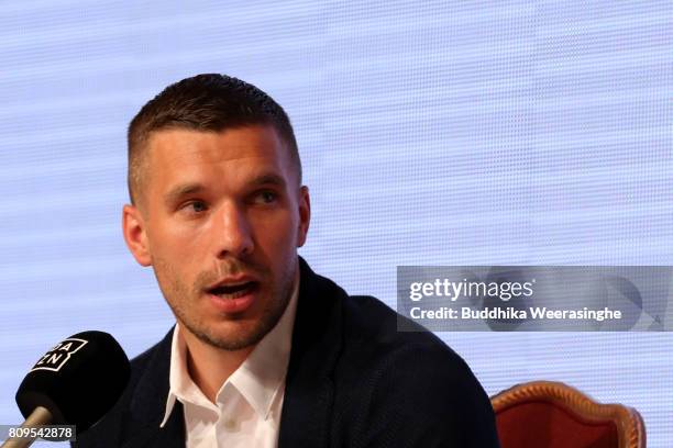 Vissel Kobe new player Lukas Podolski speaks during a press conference on July 6, 2017 in Kobe, Hyogo, Japan.