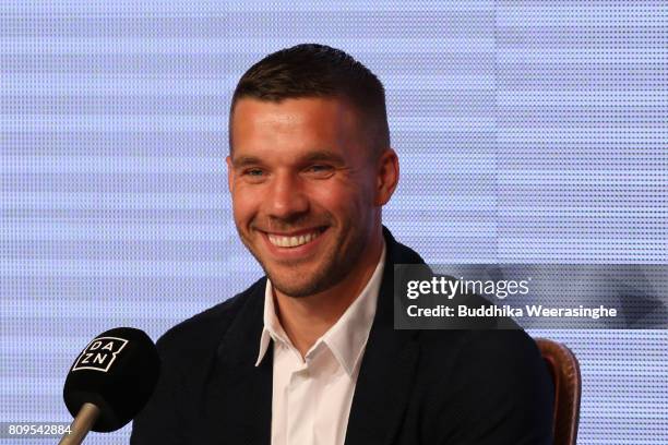 Vissel Kobe new player Lukas Podolski smiles during a press conference on July 6, 2017 in Kobe, Hyogo, Japan.