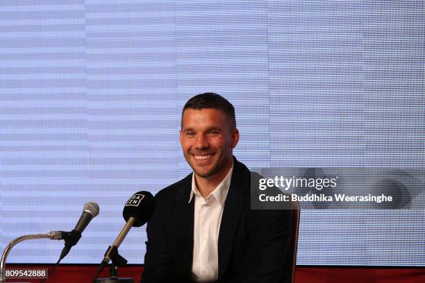 Vissel Kobe new player Lukas Podolski smiles during a press conference on July 6, 2017 in Kobe, Hyogo, Japan.