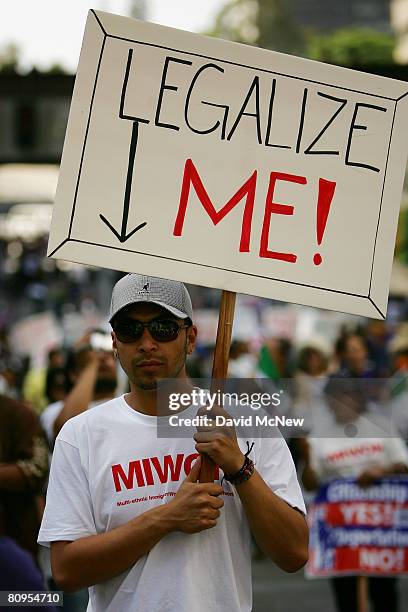 Demonstrators from three separate immigrants' rights marches converge for a massive May Day rally May 1, 2008 in Los Angeles, California. Thousands...