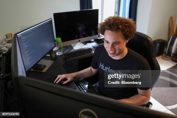 Marcus Hutchins, digital security researcher for Kryptos Logic, works on a computer in his bedroom in Ilfracombe, U.K., on Tuesday, July 4, 2017....