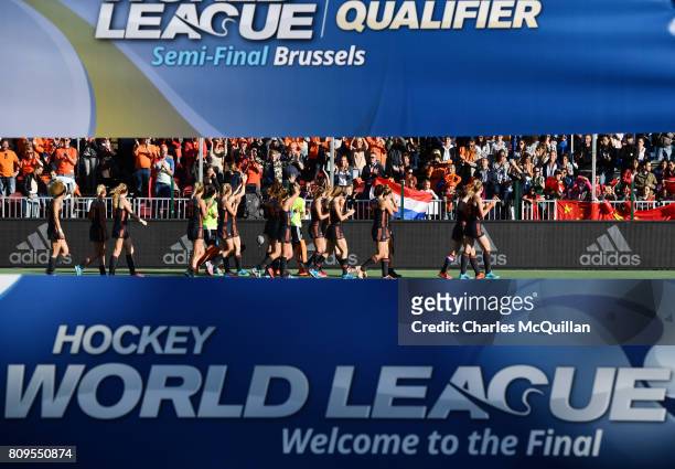 The Netherlands do a lap of honour as they celebrate their qualification for the Hockey Women's World Cup following the Fintro Hockey World League...