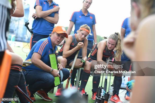 The Netherlands team take instructions during the Fintro Hockey World League Semi-Final tournament on July 2, 2017 in Brussels, Belgium.