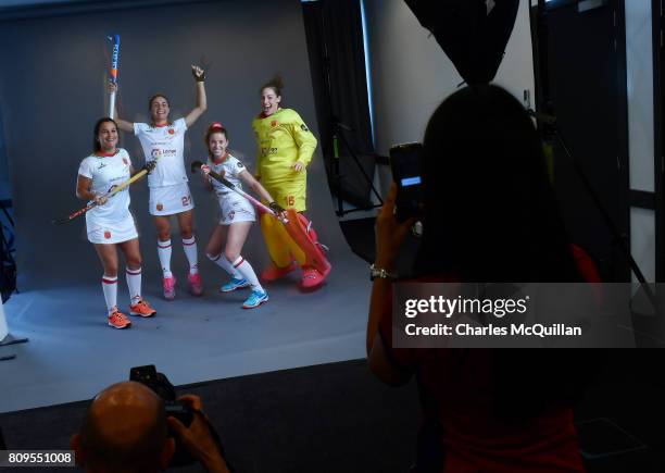 Spain squad players pose for a smartphone picture during a player portrait photo session for FINTRO Hockey World League on June 23, 2017 in Brussels,...