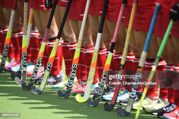 General view of the players and their hockey sticks as Korea line up for the national anthems during the Fintro Hockey World League Semi-Final...