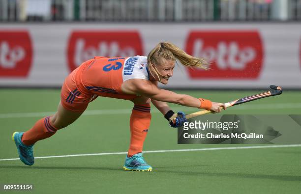 Caia van Maasakker of the Netherlands during the Fintro Hockey World League Semi-Final tournament on June 27, 2017 in Brussels, Belgium.