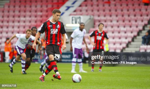 Bournemouth's Michael Symes converts the penalty during npower Football League One match at the Seaward Stadium.