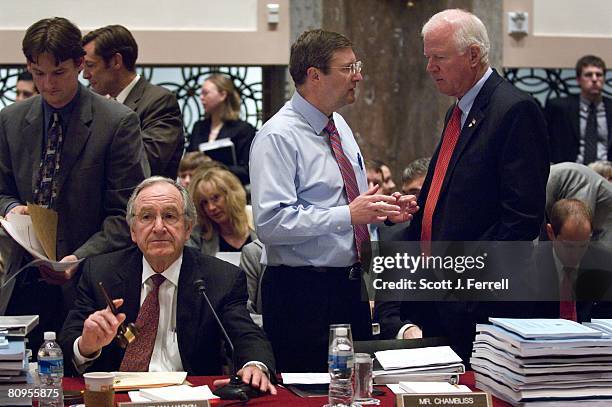 May 01: Senate Agriculture Chairman Tom Harkin, D-Iowa, get the attention of House Agriculture Chairman Collin C. Peterson, D-Minn., at the start of...