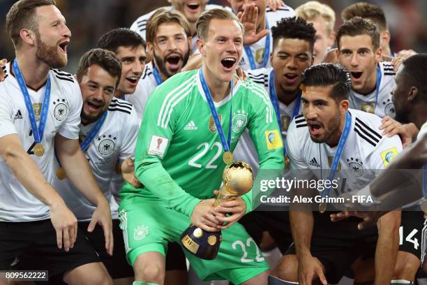 Marc-Andre ter Stegen of Germany lifts the FIFA Confederations Cup trophy after the FIFA Confederations Cup Russia 2017 final between Chile and...
