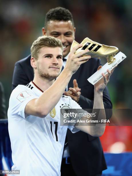 Timo Werner of Germany poses with the adidas Golden Boot award after the FIFA Confederations Cup Russia 2017 final between Chile and Germany at Saint...