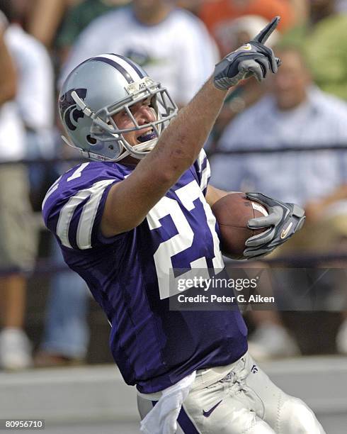 Kansas State wide receiver Jordy Nelson celebrates after scoring on a 40-yard touchdown pass play in the second quarter against North Texas. Kansas...