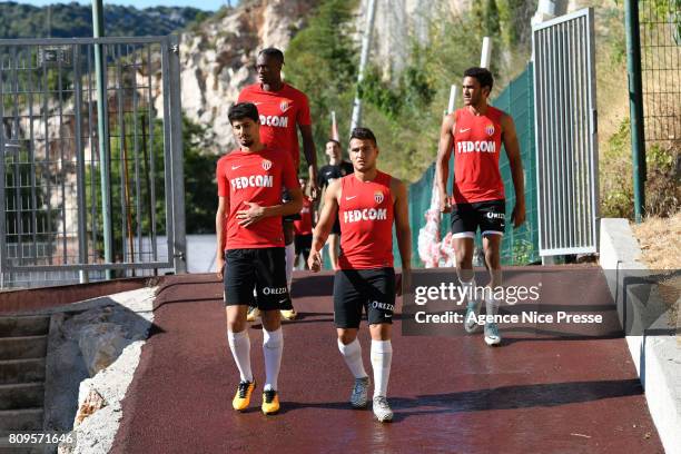 Gil Dias, Rony Lopes, Terence Kongolo and Jordi Mboula of Monaco during the training session of AS Monaco on July 5, 2017 in Monaco, Monaco.