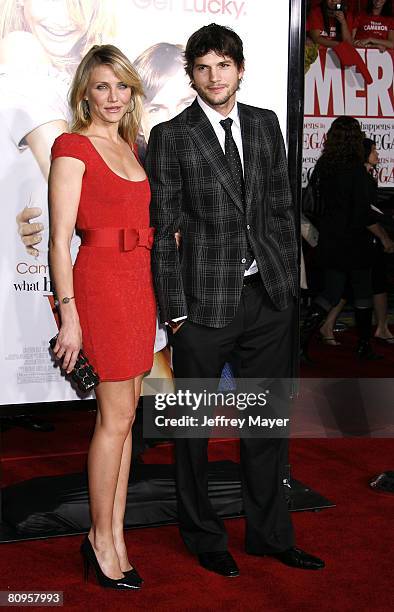 Actress Cameron Diaz and Actor Ashton Kutcher arrive at the Premiere Of Fox's "What Happens In Vegas" on May 1, 2008 at the Mann Village Theatre in...