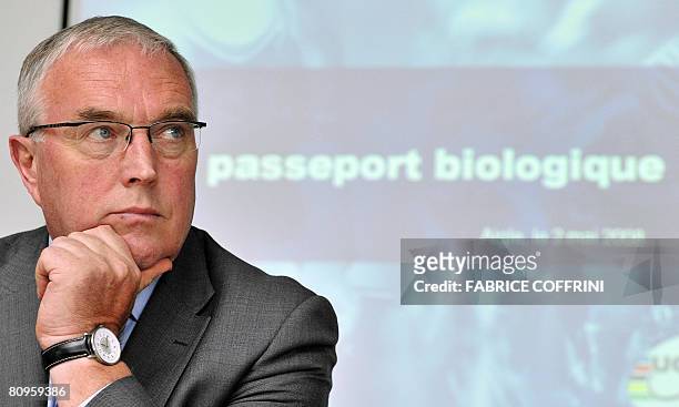 International Cycling Union President Pat McQuaid gestures during a press conference to introduce the Biological Passport for athletes on May 2, 2008...